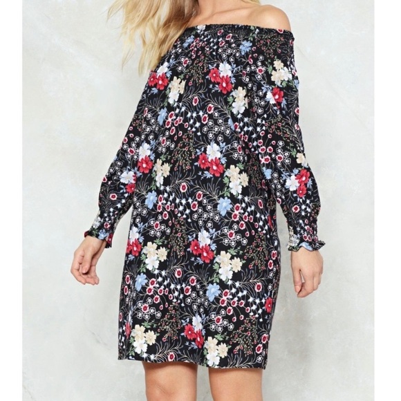 Nasty Gal Black Floral Off-Shoulder Dress Size 8 - Picture 4 of 16